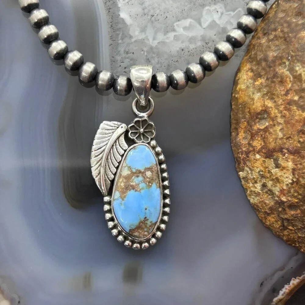 Sterling Silver Southwestern Style Golden Hill Turquoise Leaves Pendant #4